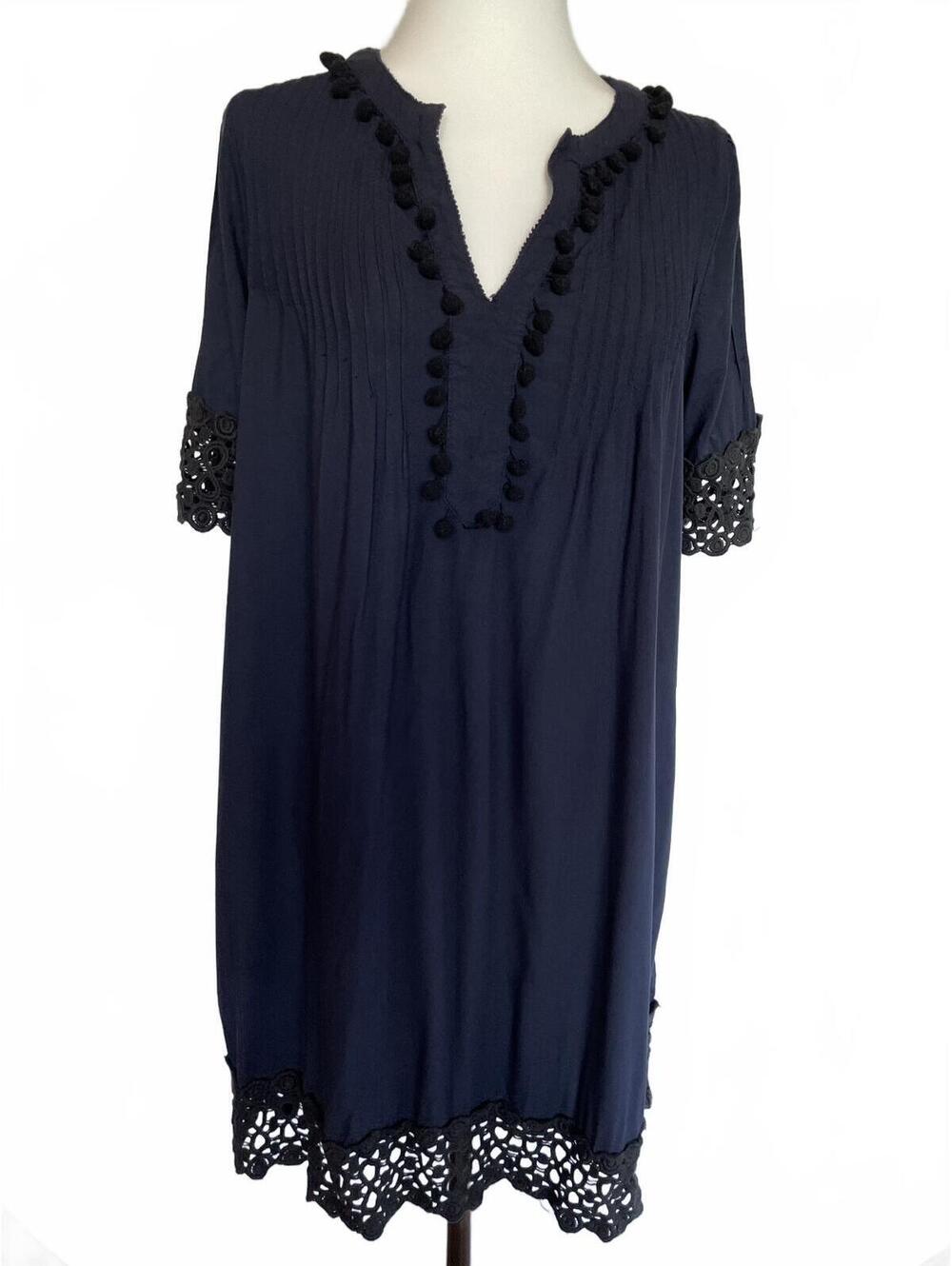 Hinge Women's Navy Blue Mini Dress with Pom Pom and Lace Trim XS